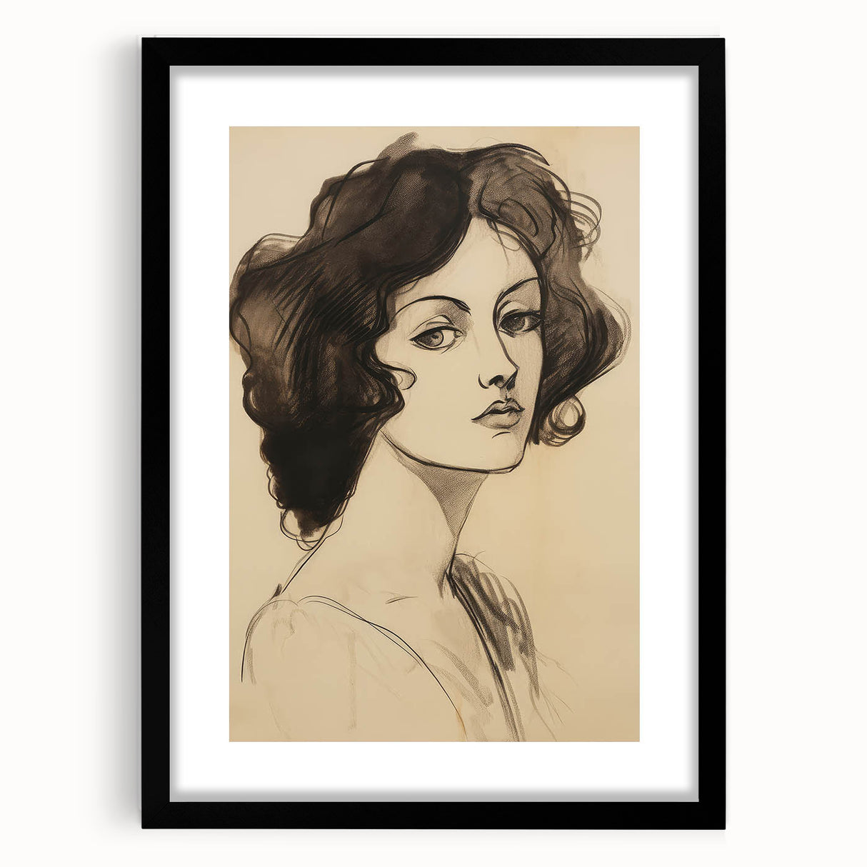 Classic Portrait Artwork - Bold Charcoal Sketch of Vintage Woman
