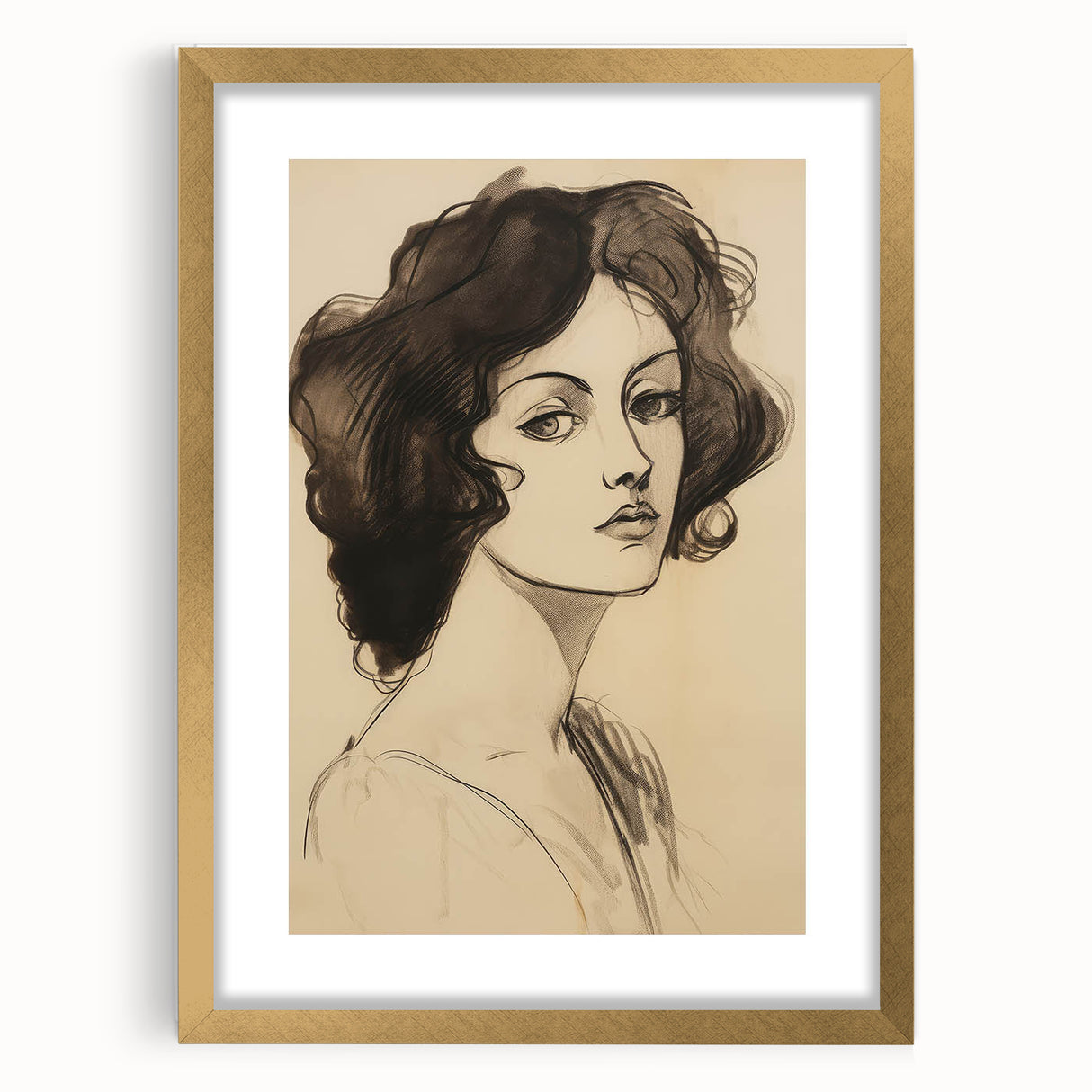 Classic Portrait Artwork - Bold Charcoal Sketch of Vintage Woman