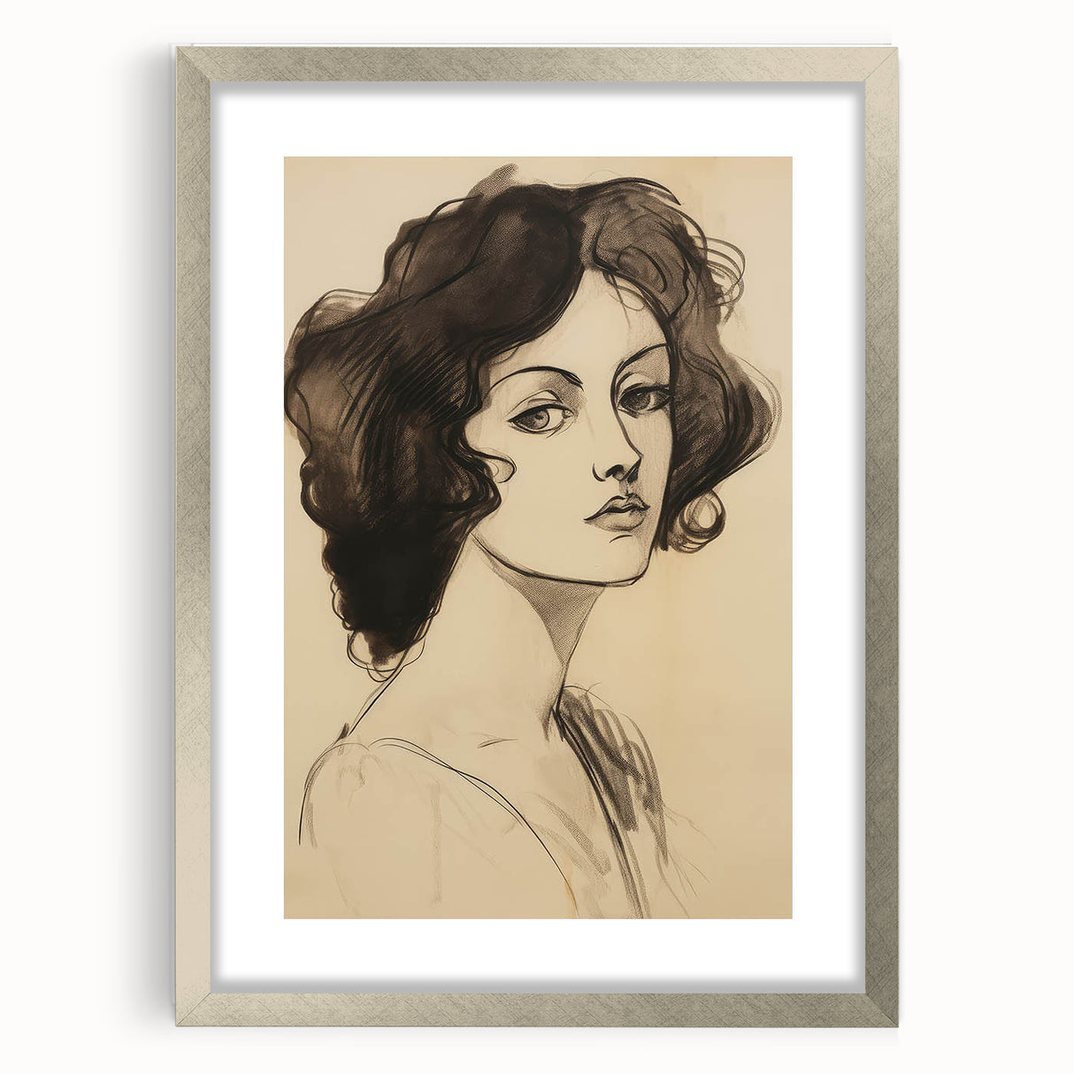 Classic Portrait Artwork - Bold Charcoal Sketch of Vintage Woman
