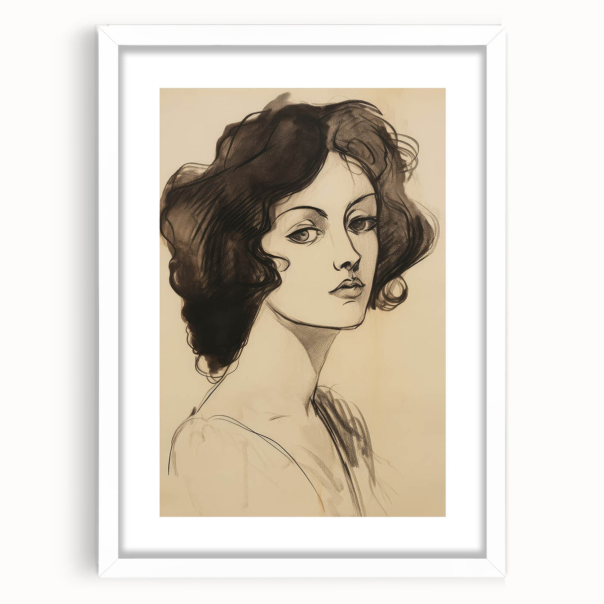 Classic Portrait Artwork - Bold Charcoal Sketch of Vintage Woman