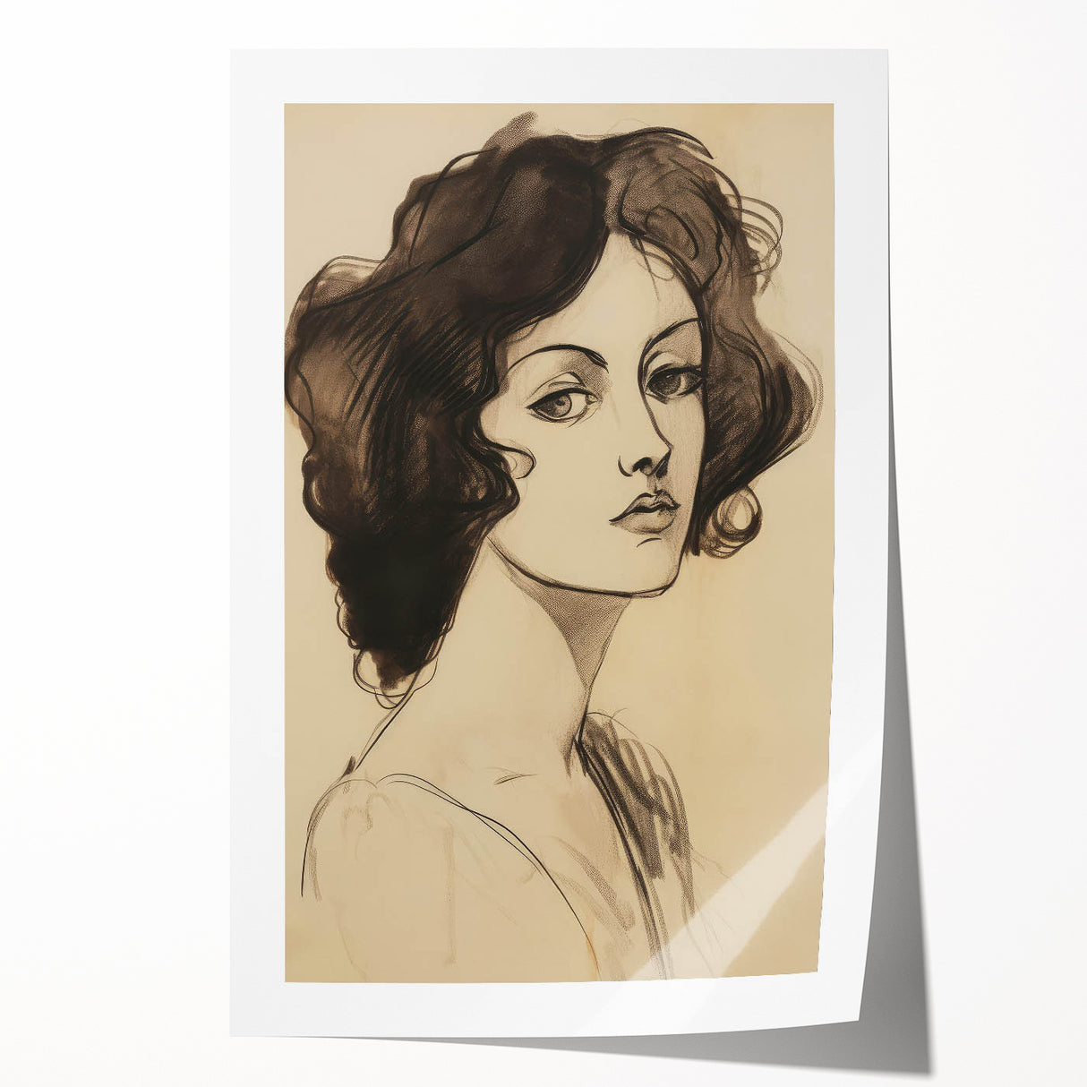 Classic Portrait Artwork - Bold Charcoal Sketch of Vintage Woman