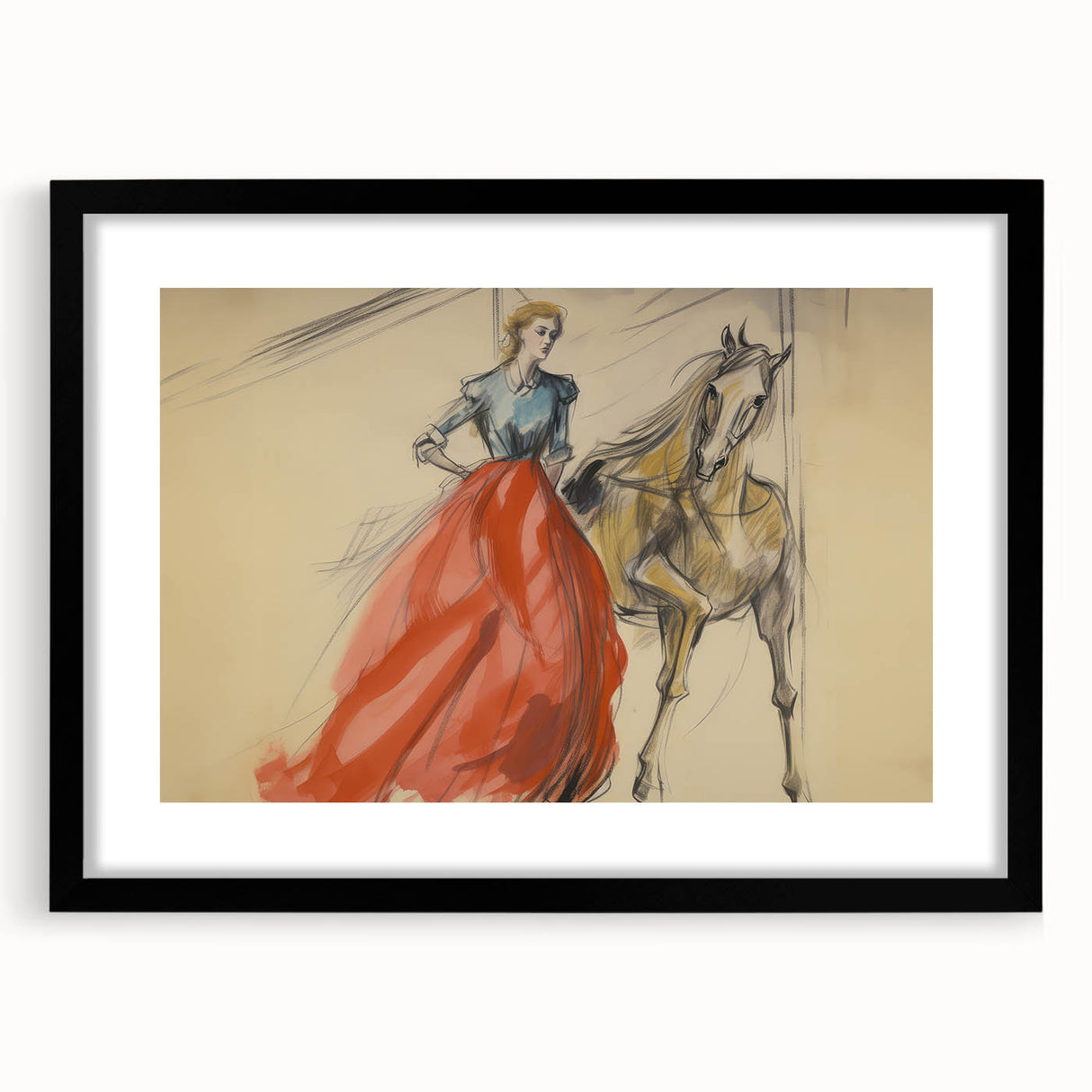 Vintage Portrait Art | Antique Equestrian Lady in Red Dress