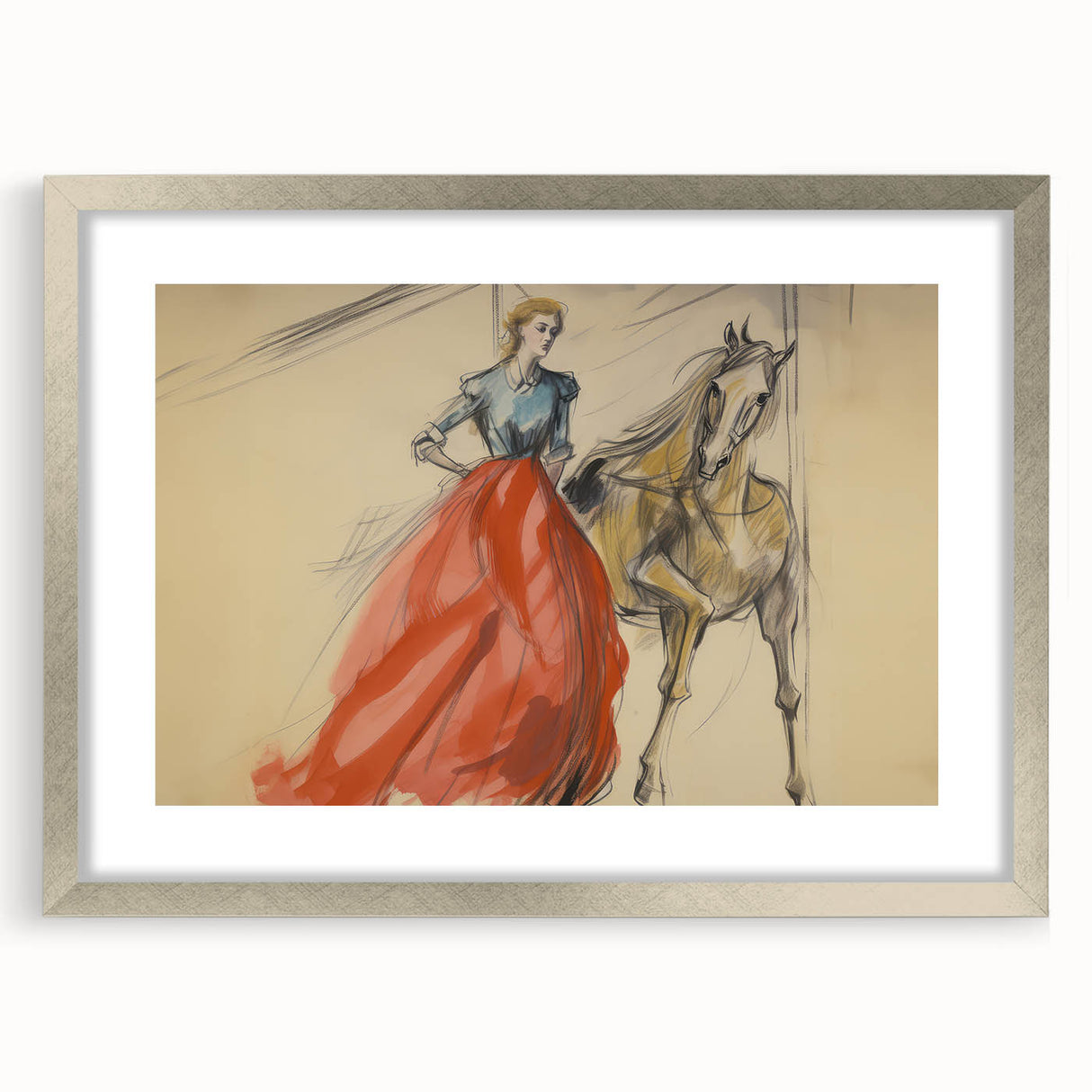 Vintage Portrait Art | Antique Equestrian Lady in Red Dress