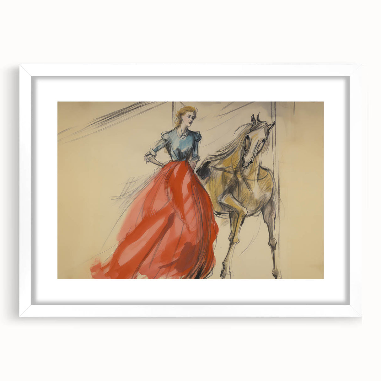 Vintage Portrait Art | Antique Equestrian Lady in Red Dress