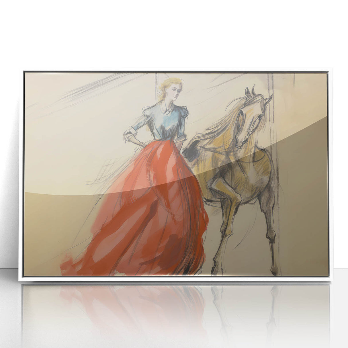 Vintage Portrait Art | Antique Equestrian Lady in Red Dress