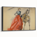 Vintage Portrait Art | Antique Equestrian Lady in Red Dress