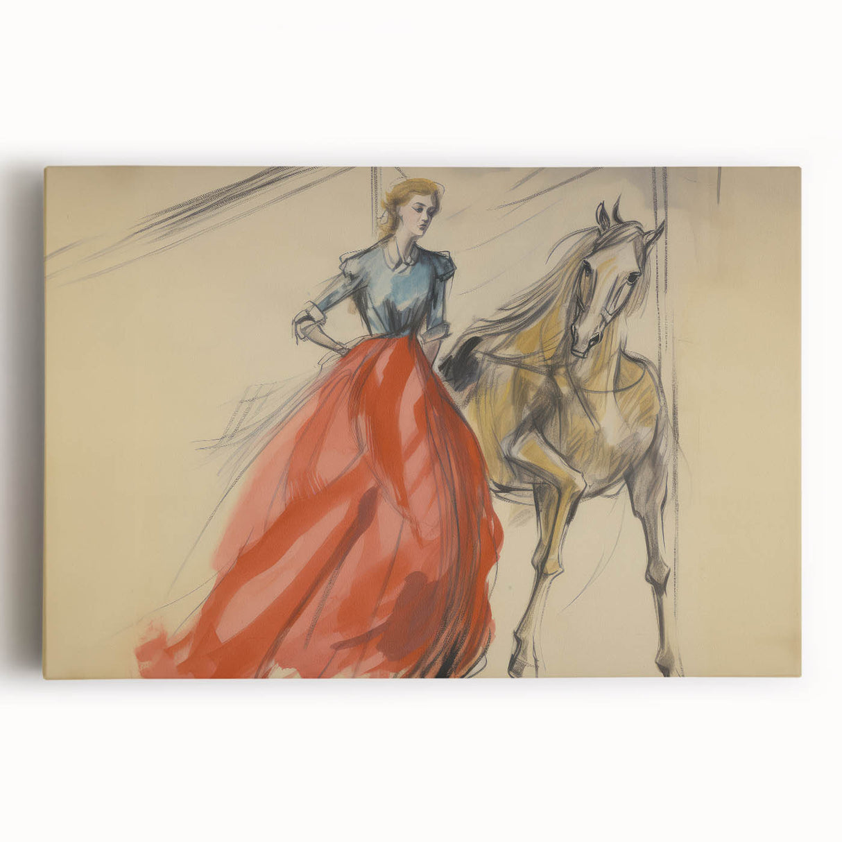 Vintage Portrait Art | Antique Equestrian Lady in Red Dress