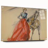 Vintage Portrait Art | Antique Equestrian Lady in Red Dress