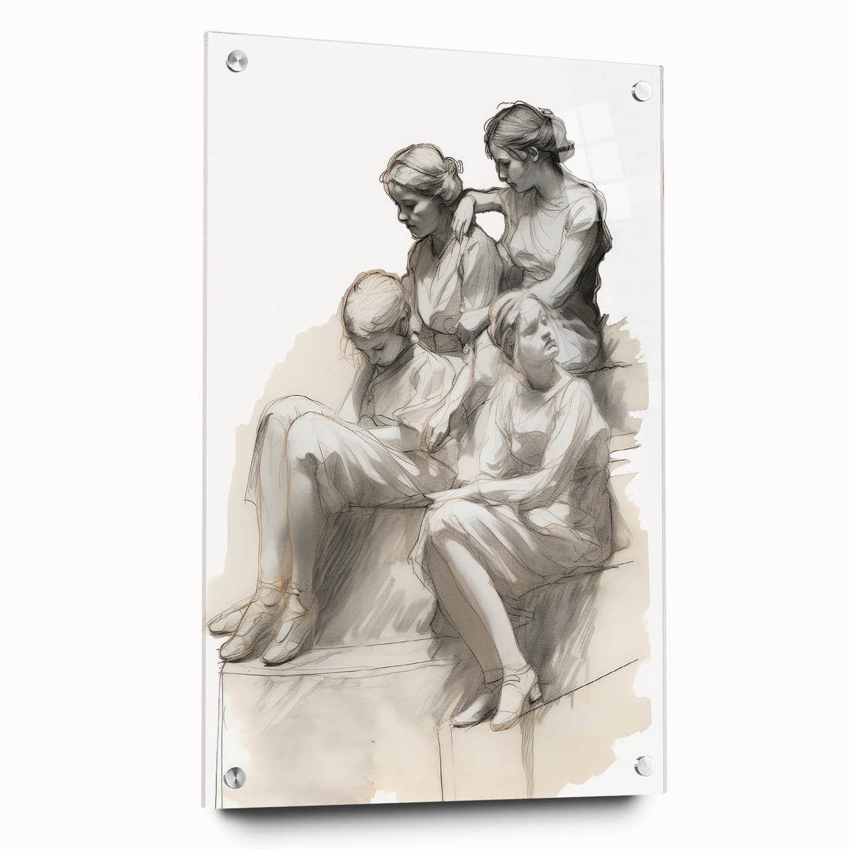 Classic Portrait Artwork – Vintage Sketch of Women in Reflection