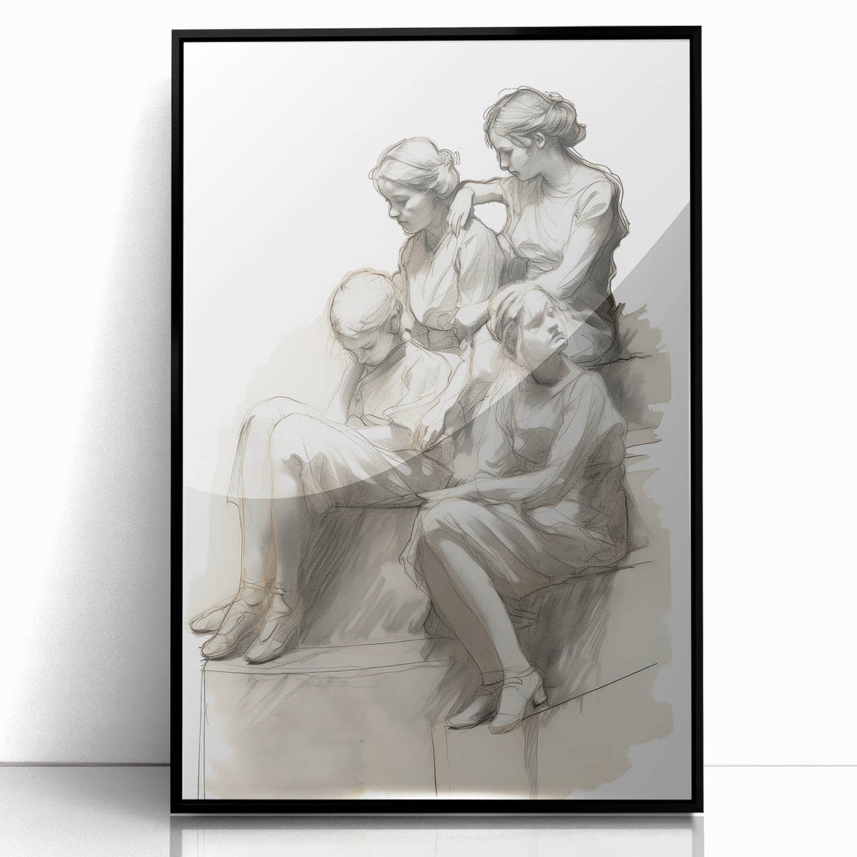 Classic Portrait Artwork – Vintage Sketch of Women in Reflection