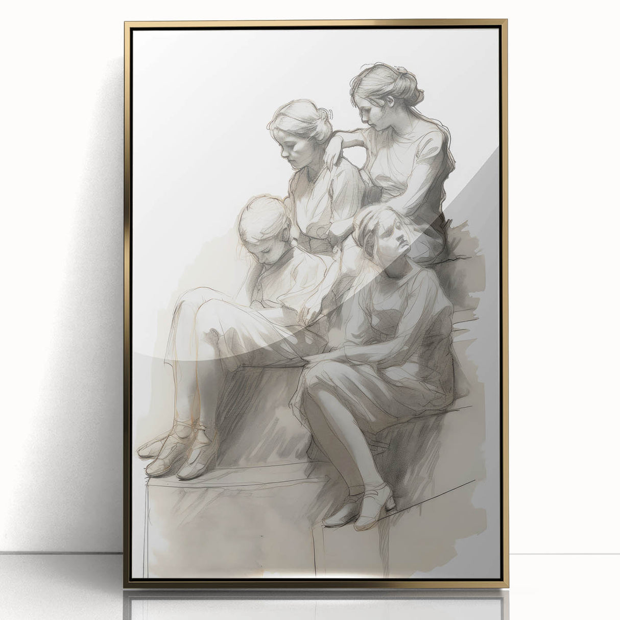 Classic Portrait Artwork – Vintage Sketch of Women in Reflection