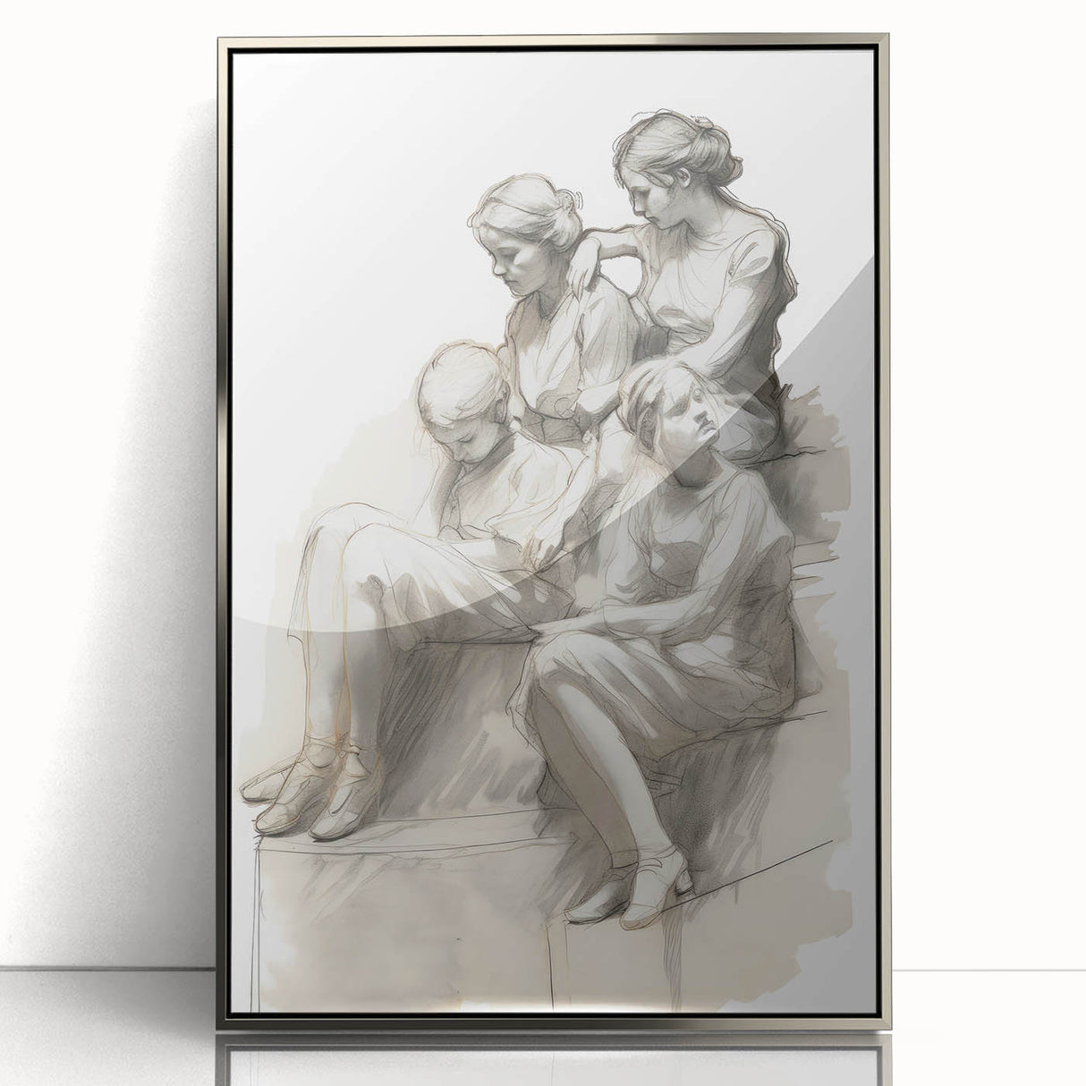 Classic Portrait Artwork – Vintage Sketch of Women in Reflection