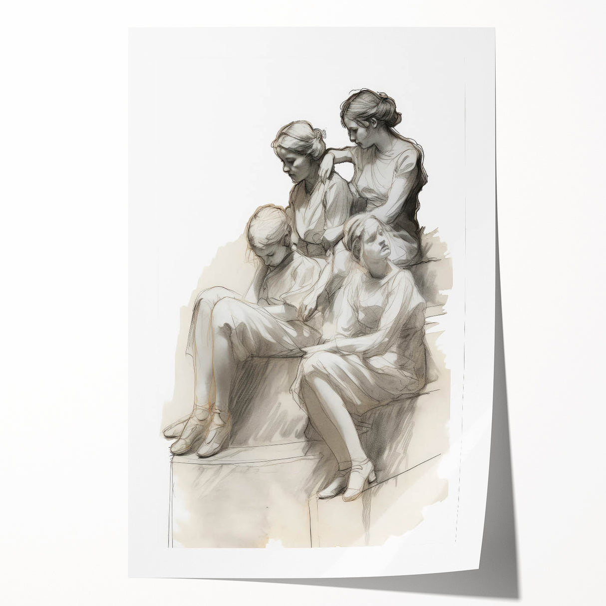 Classic Portrait Artwork – Vintage Sketch of Women in Reflection