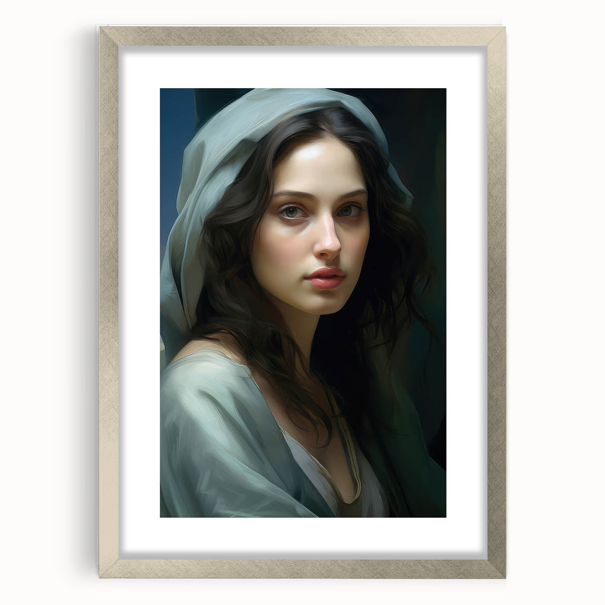 Vintage Portrait Art – Elegant Woman in Soft Draped Hood Wall Print