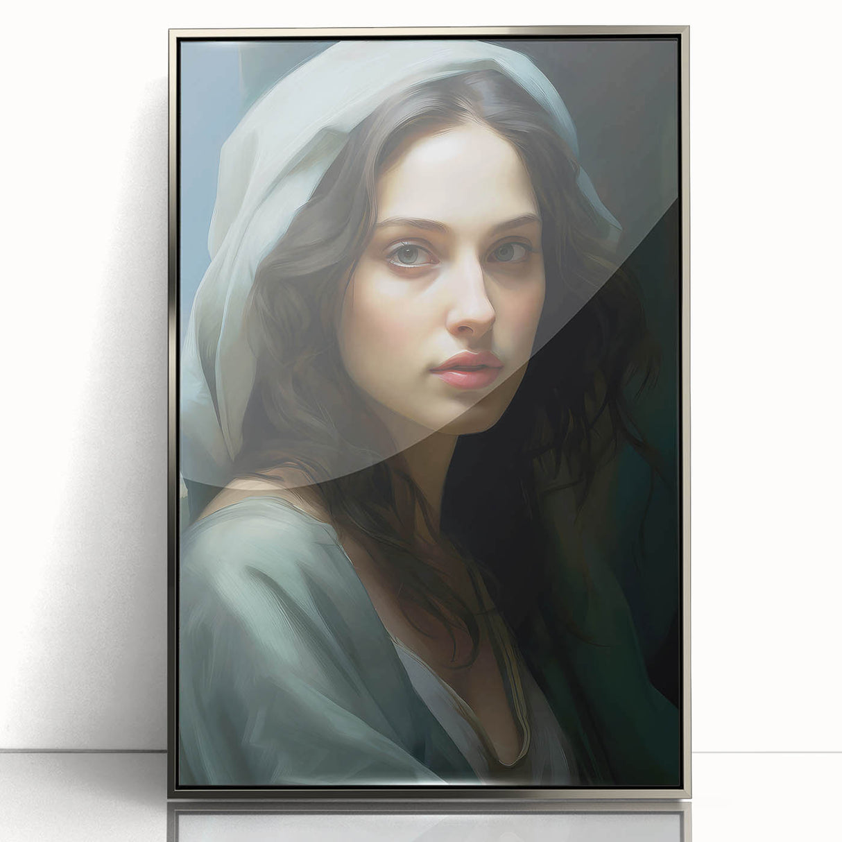 Vintage Portrait Art – Elegant Woman in Soft Draped Hood Wall Print