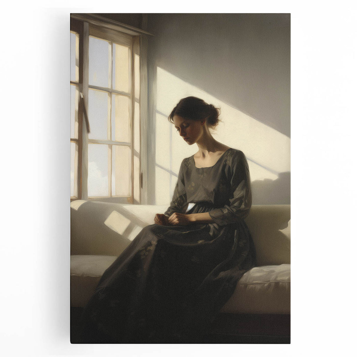 Vintage Portrait Art – Elegant Woman in Sunlit Window Wall Print