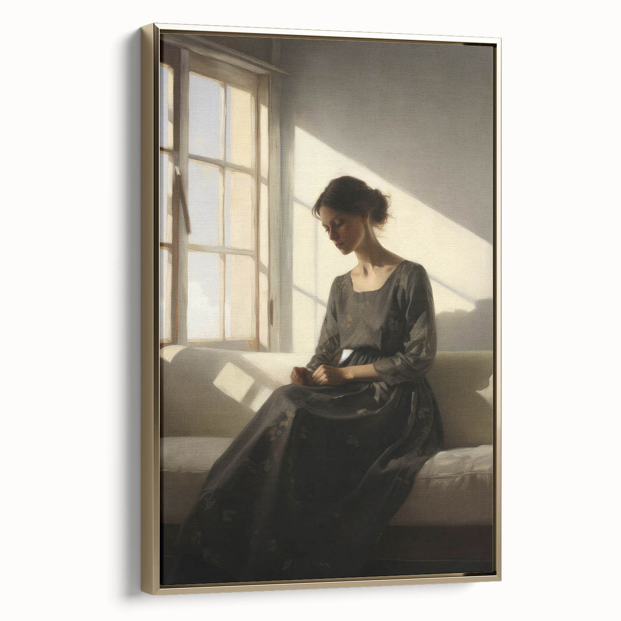 Vintage Portrait Art – Elegant Woman in Sunlit Window Wall Print