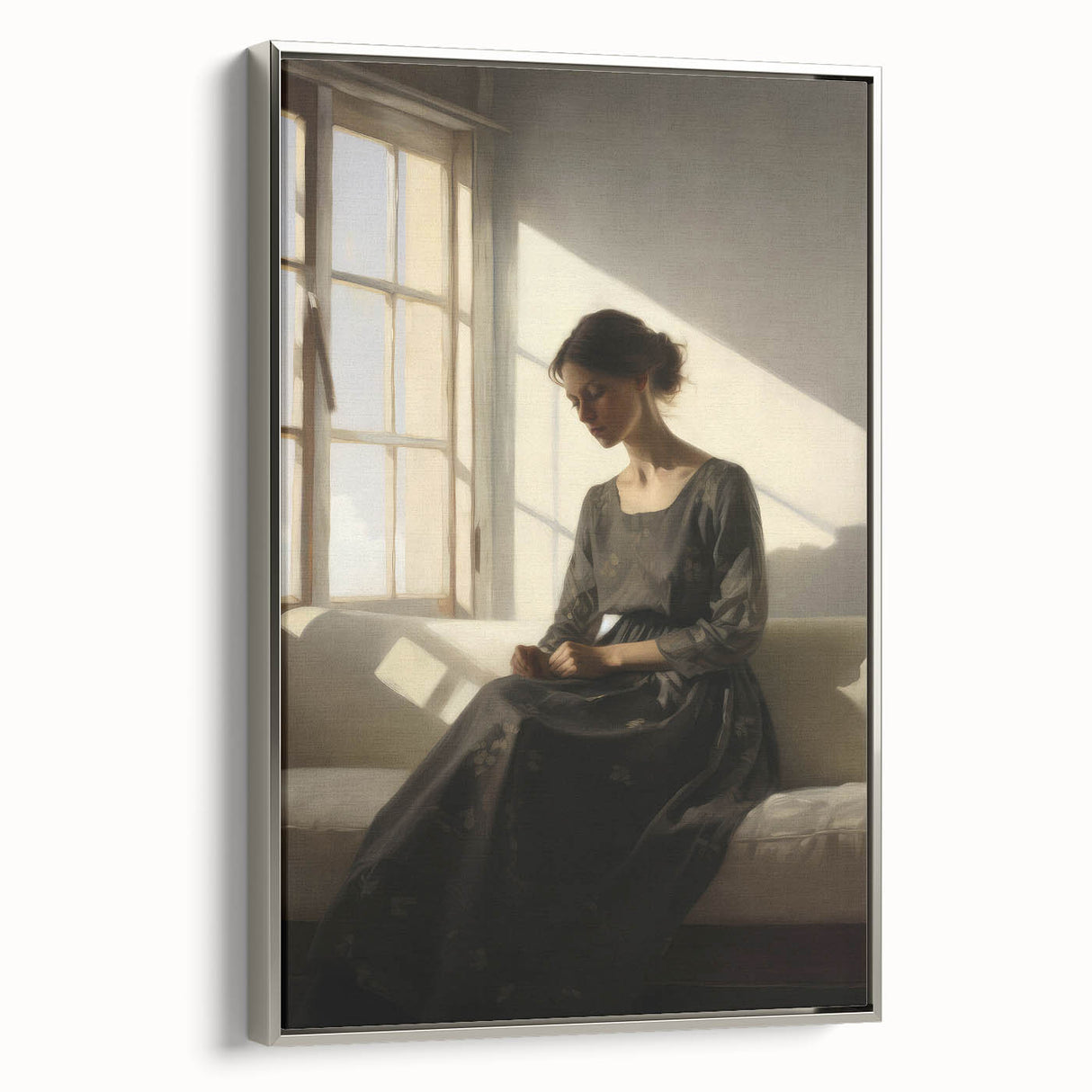 Vintage Portrait Art – Elegant Woman in Sunlit Window Wall Print
