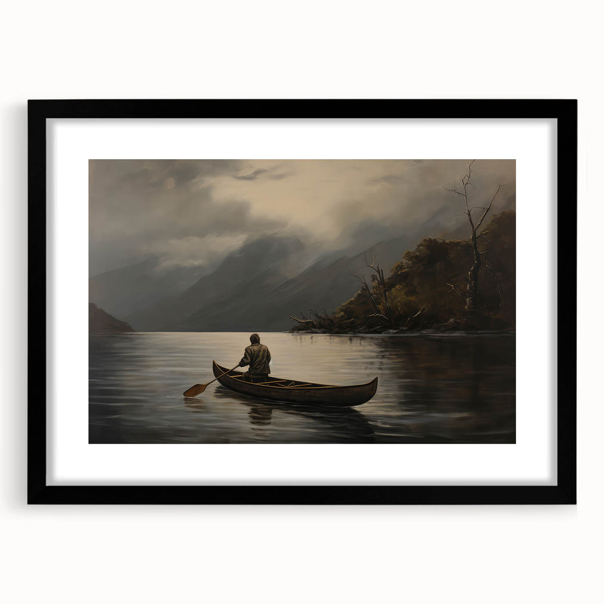Vintage Portrait Art | Solitary Canoeist on Misty Lake Scene