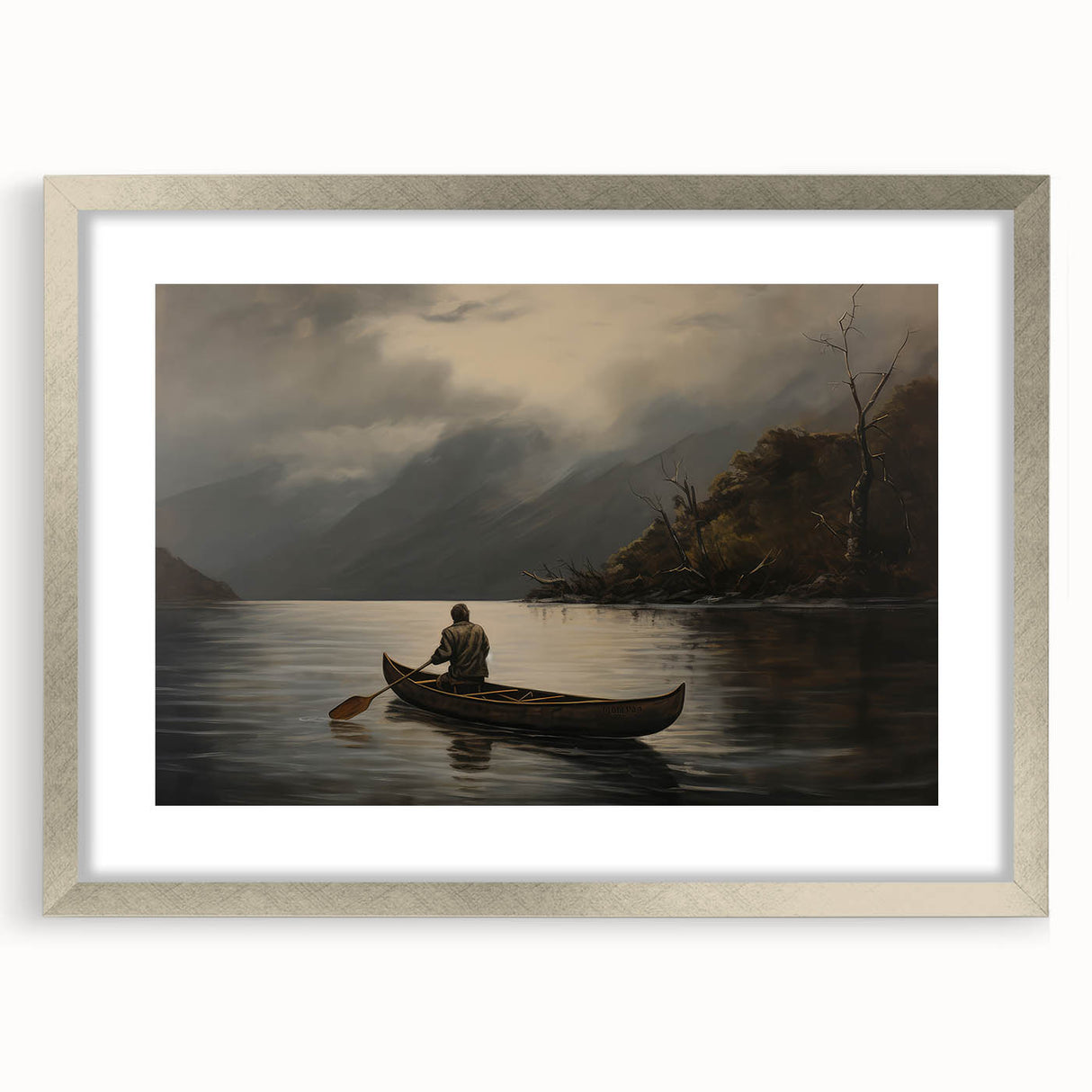 Vintage Portrait Art | Solitary Canoeist on Misty Lake Scene