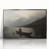 Vintage Portrait Art | Solitary Canoeist on Misty Lake Scene