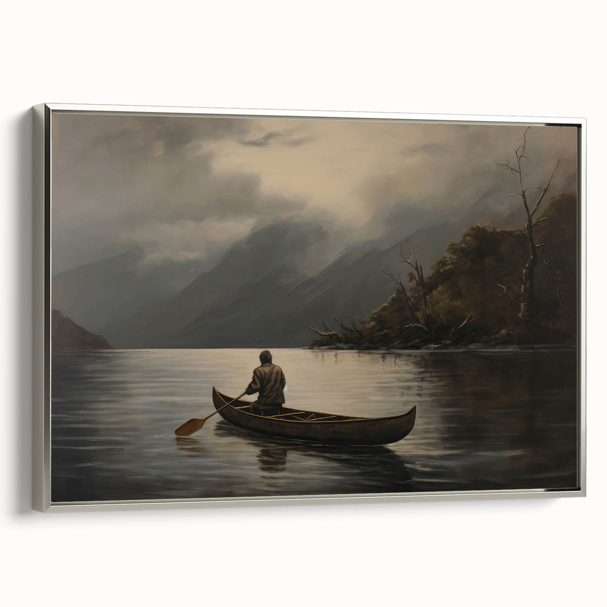 Vintage Portrait Art | Solitary Canoeist on Misty Lake Scene
