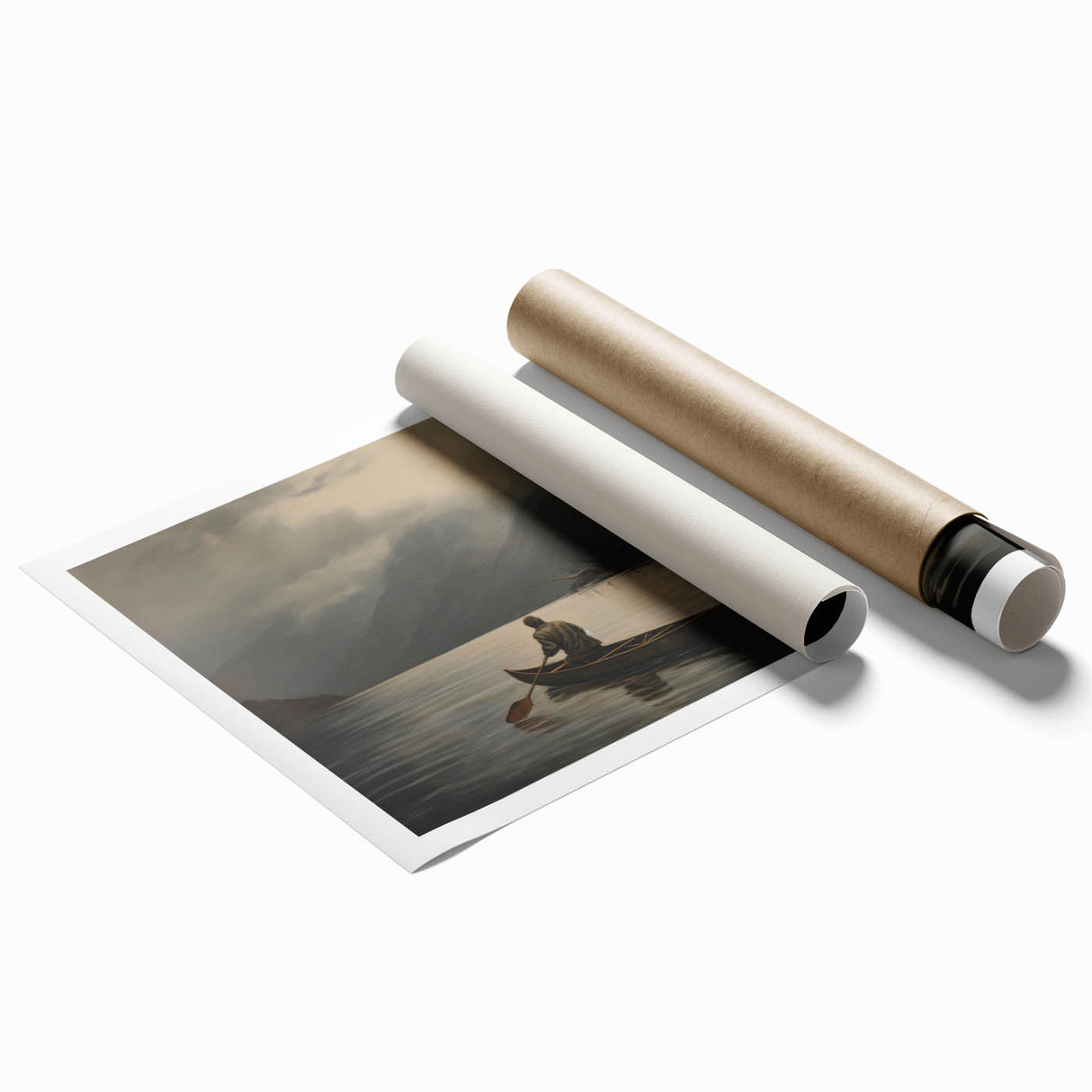 Vintage Portrait Art | Solitary Canoeist on Misty Lake Scene