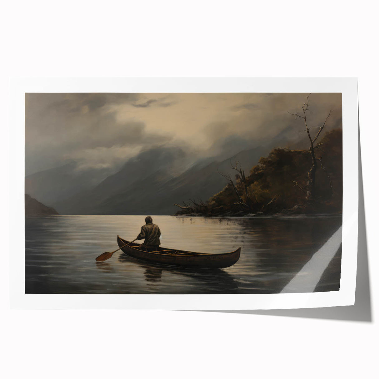 Vintage Portrait Art | Solitary Canoeist on Misty Lake Scene