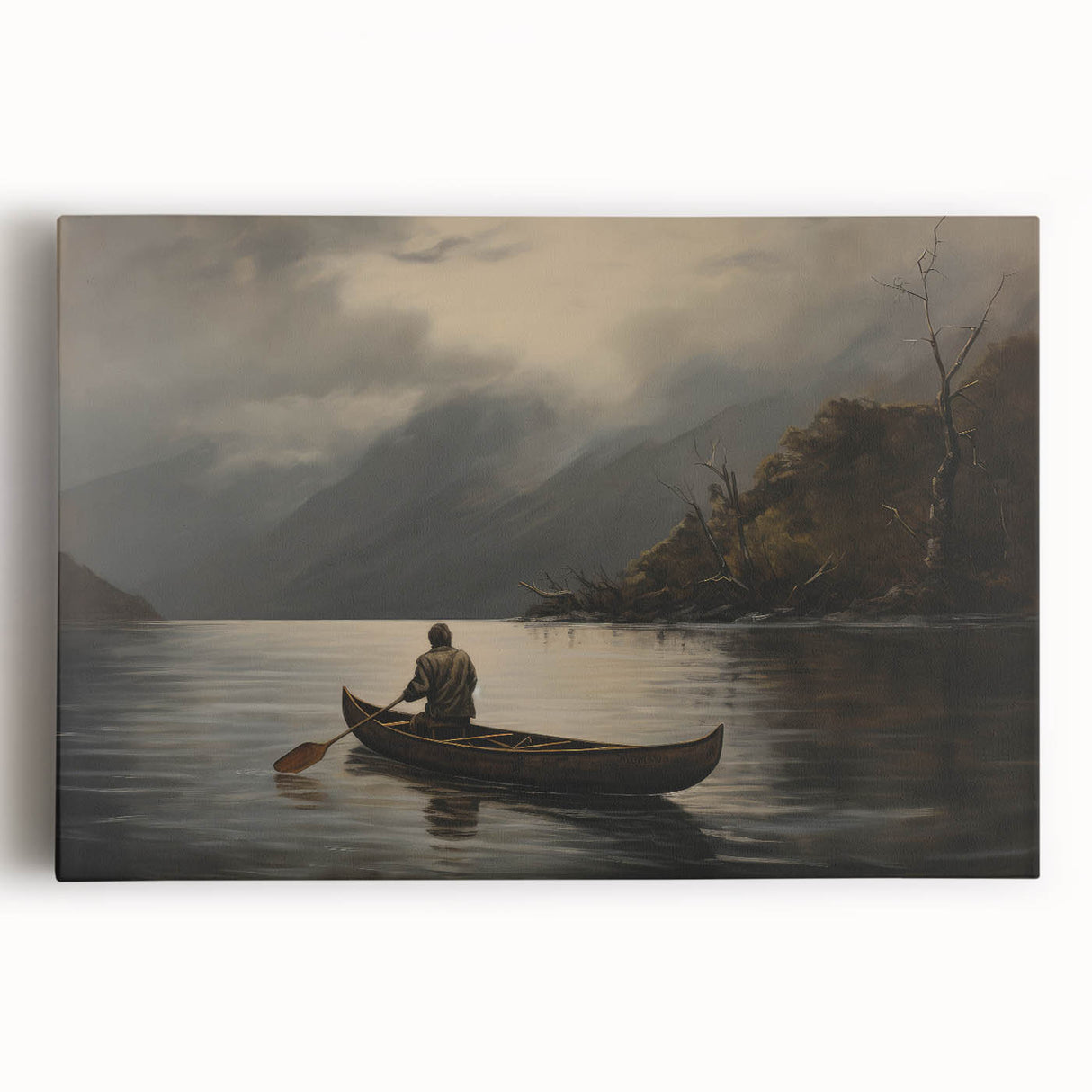 Vintage Portrait Art | Solitary Canoeist on Misty Lake Scene