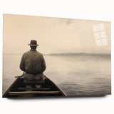 Vintage Portrait Art | Solitary Man in Canoe on Misty Lake
