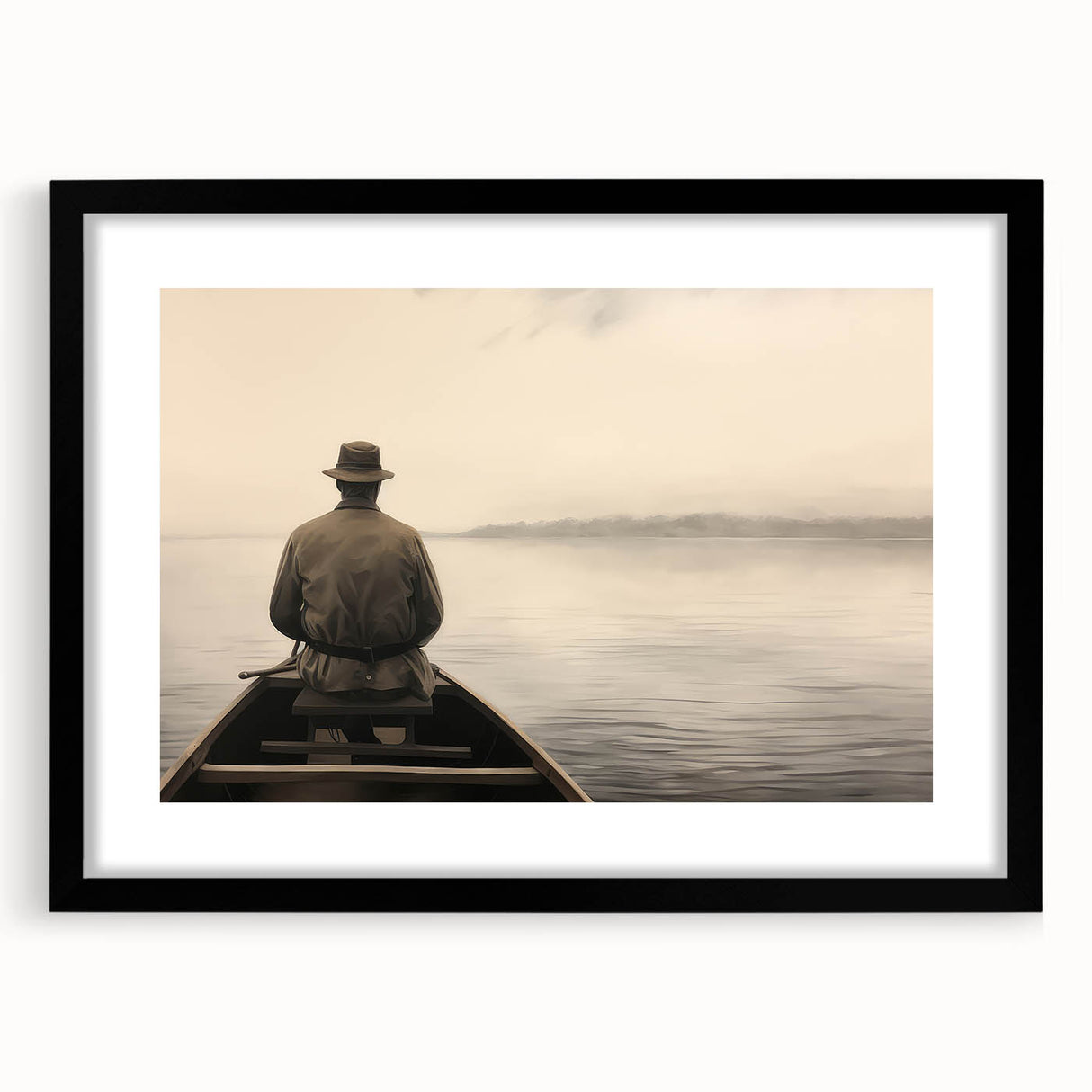 Vintage Portrait Art | Solitary Man in Canoe on Misty Lake