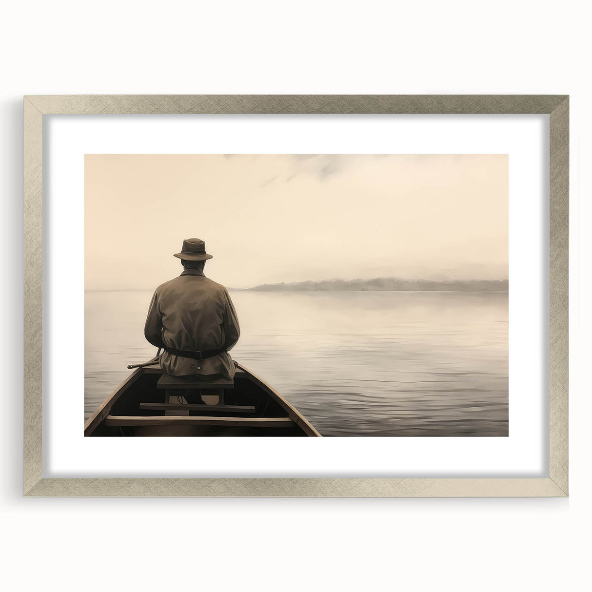 Vintage Portrait Art | Solitary Man in Canoe on Misty Lake