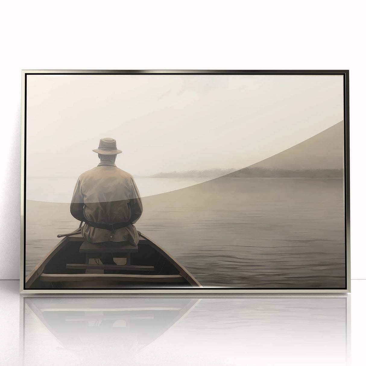 Vintage Portrait Art | Solitary Man in Canoe on Misty Lake