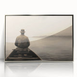 Vintage Portrait Art | Solitary Man in Canoe on Misty Lake