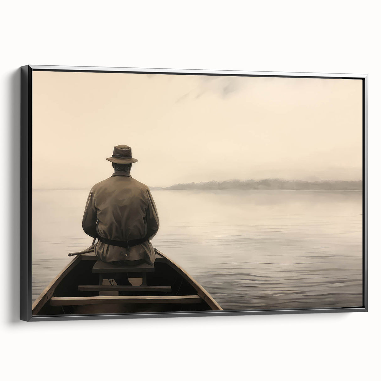 Vintage Portrait Art | Solitary Man in Canoe on Misty Lake