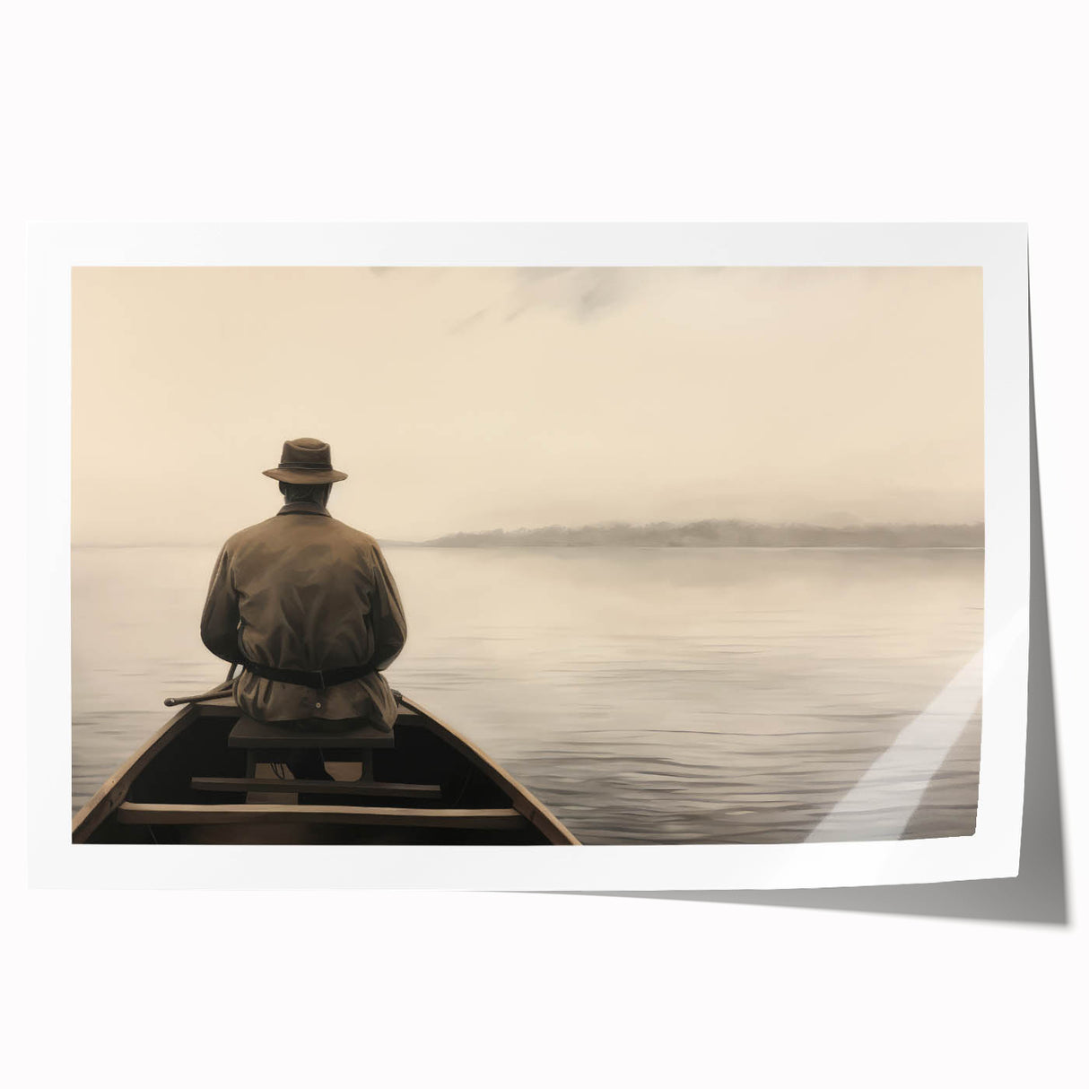 Vintage Portrait Art | Solitary Man in Canoe on Misty Lake
