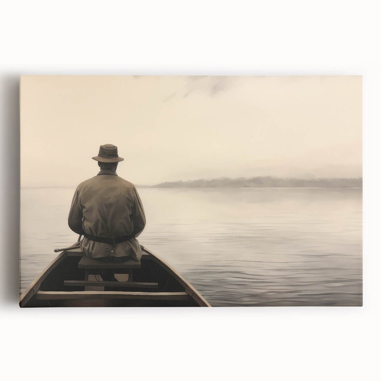 Vintage Portrait Art | Solitary Man in Canoe on Misty Lake
