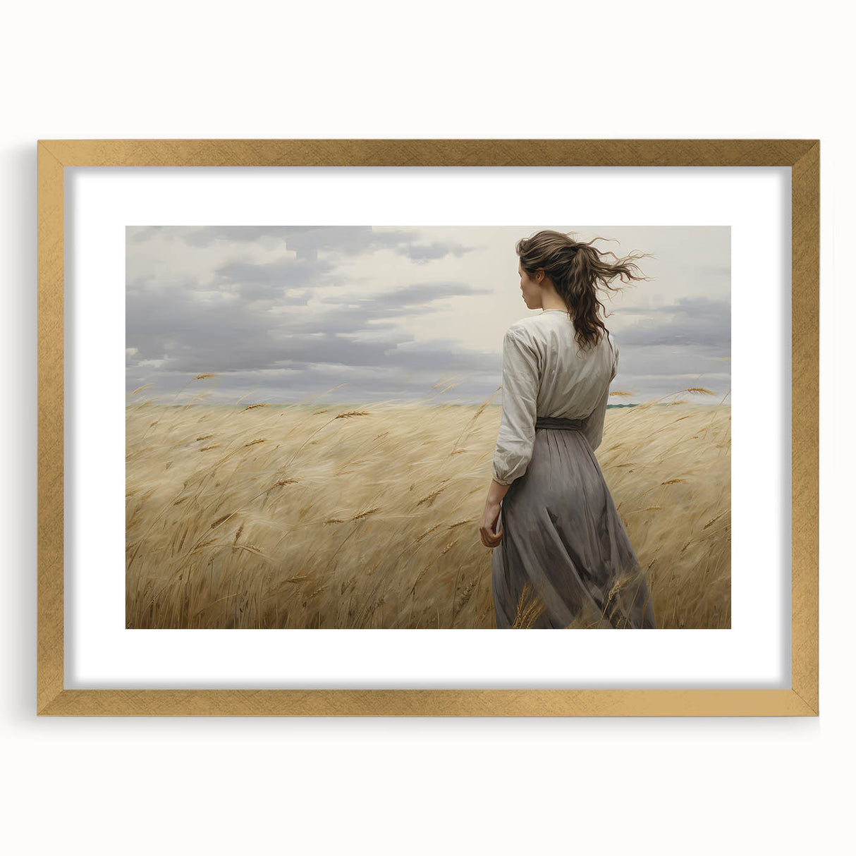 Vintage Portrait Art | Woman in Wheat Field with Windy Sky