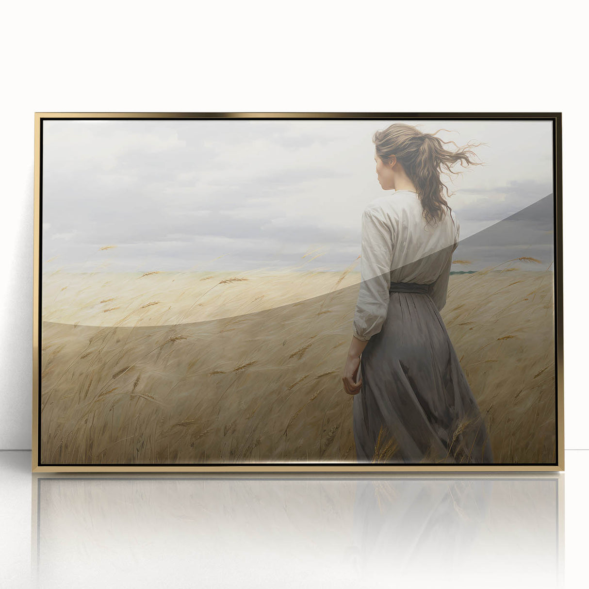 Vintage Portrait Art | Woman in Wheat Field with Windy Sky