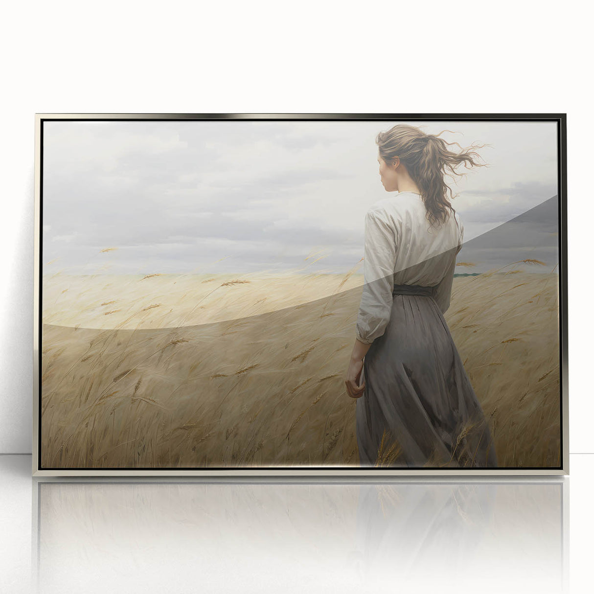 Vintage Portrait Art | Woman in Wheat Field with Windy Sky