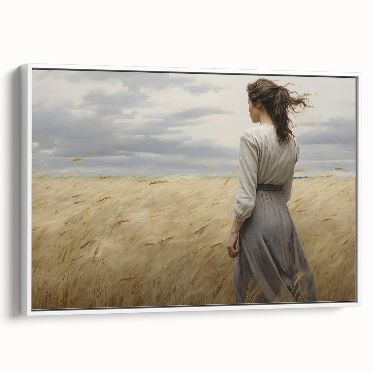 Vintage Portrait Art | Woman in Wheat Field with Windy Sky