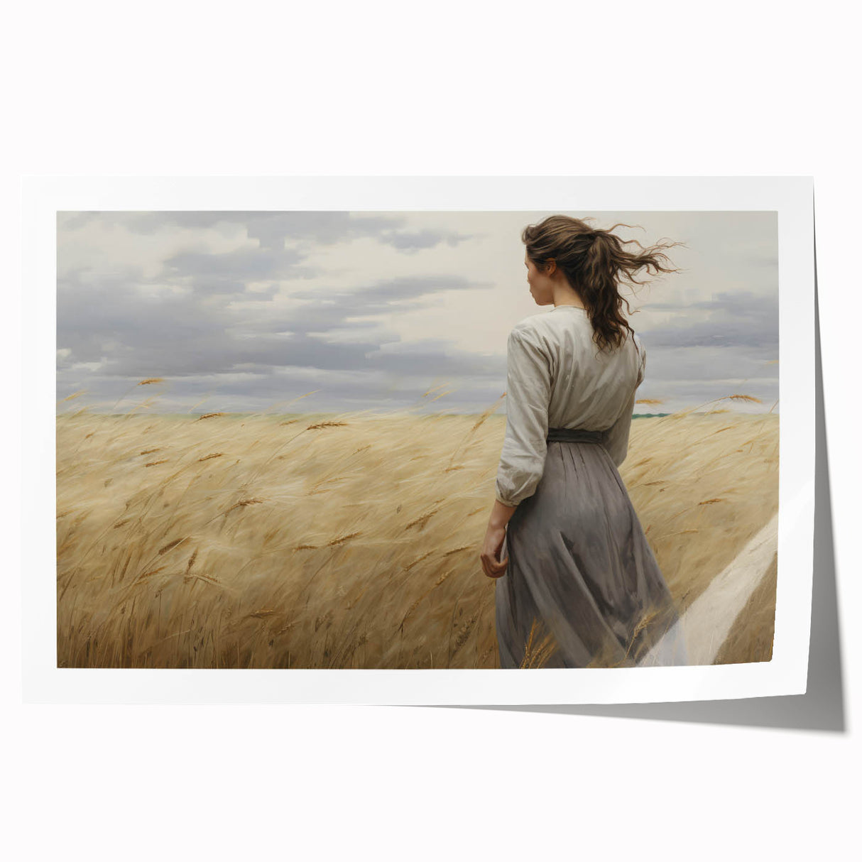 Vintage Portrait Art | Woman in Wheat Field with Windy Sky