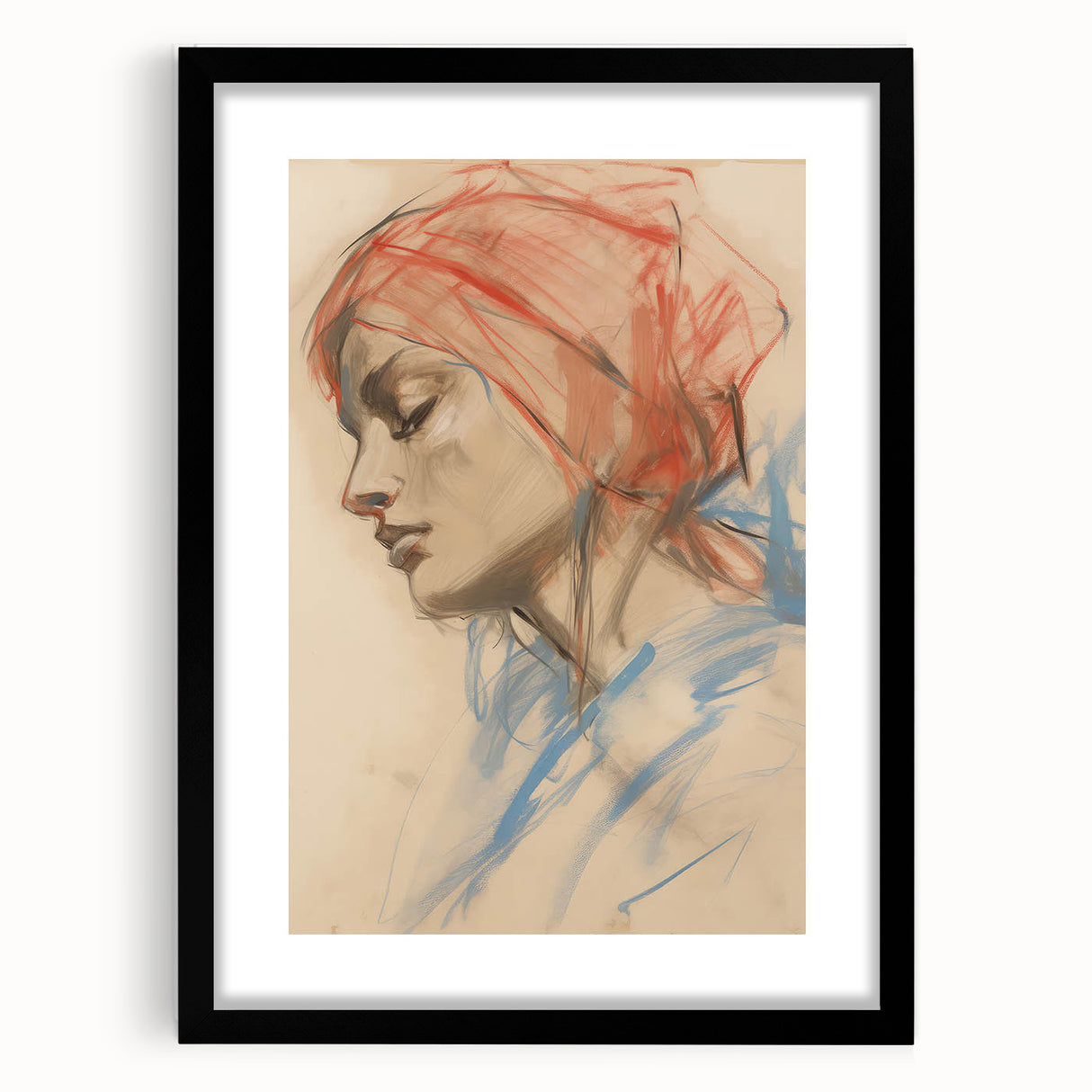 Vintage Portrait Art – Abstract Lady in Red and Blue Canvas Print