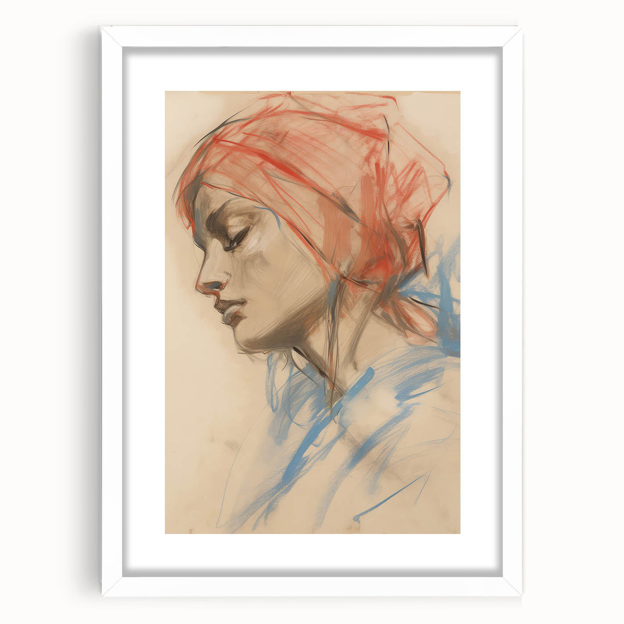 Vintage Portrait Art – Abstract Lady in Red and Blue Canvas Print