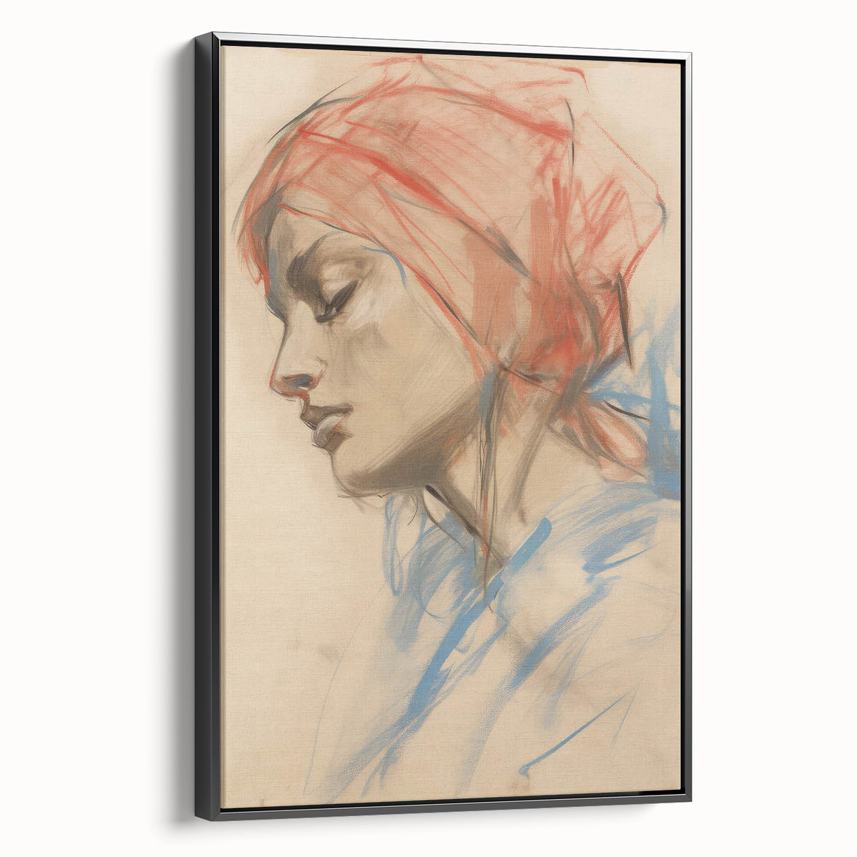 Vintage Portrait Art – Abstract Lady in Red and Blue Canvas Print