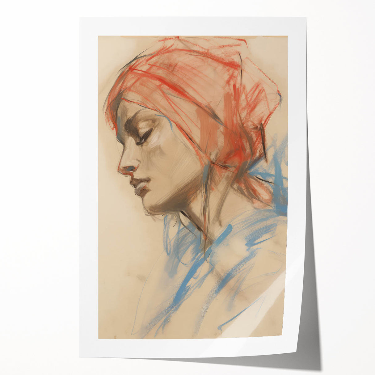 Vintage Portrait Art – Abstract Lady in Red and Blue Canvas Print