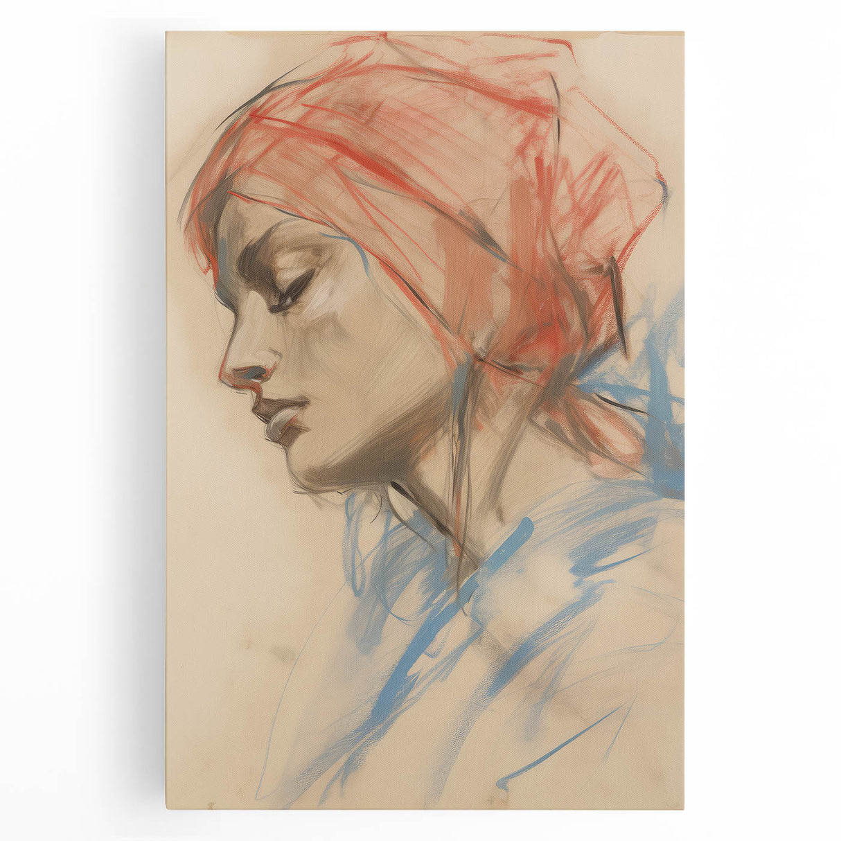 Vintage Portrait Art – Abstract Lady in Red and Blue Canvas Print