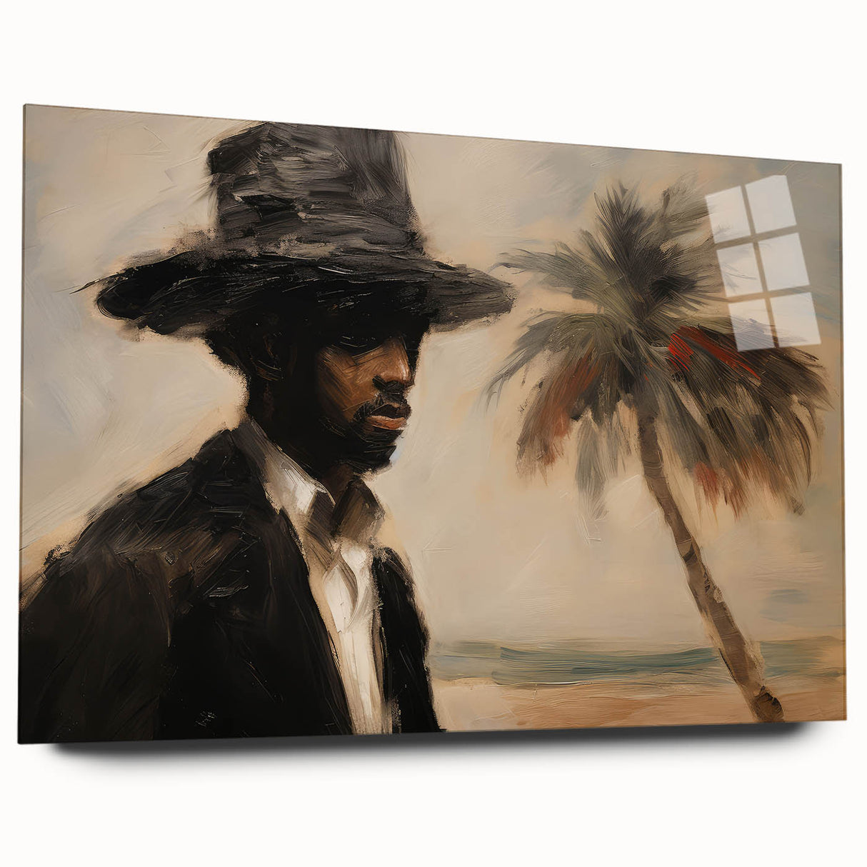 Vintage Portrait Art | Man by Palm Tree in Coastal Setting