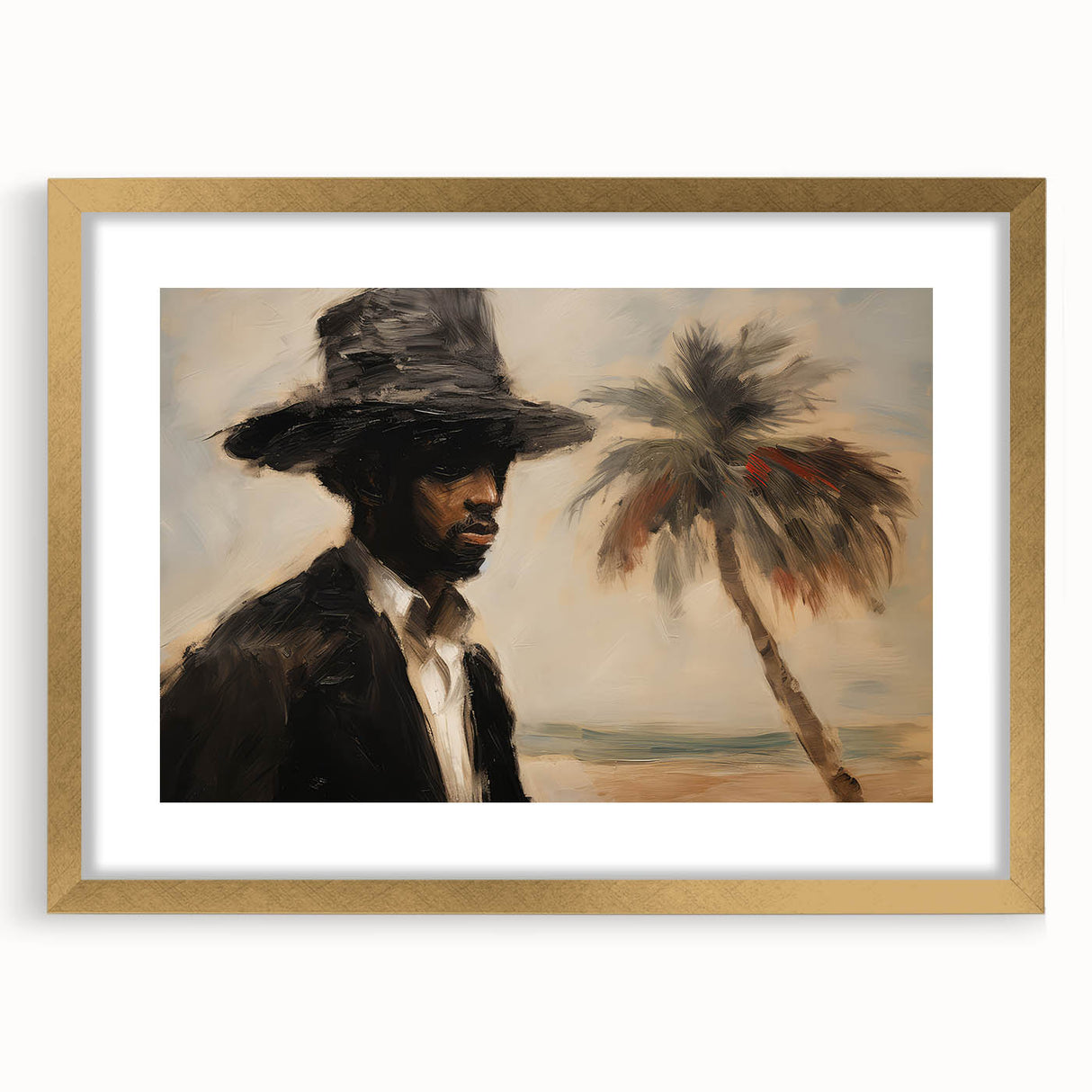 Vintage Portrait Art | Man by Palm Tree in Coastal Setting