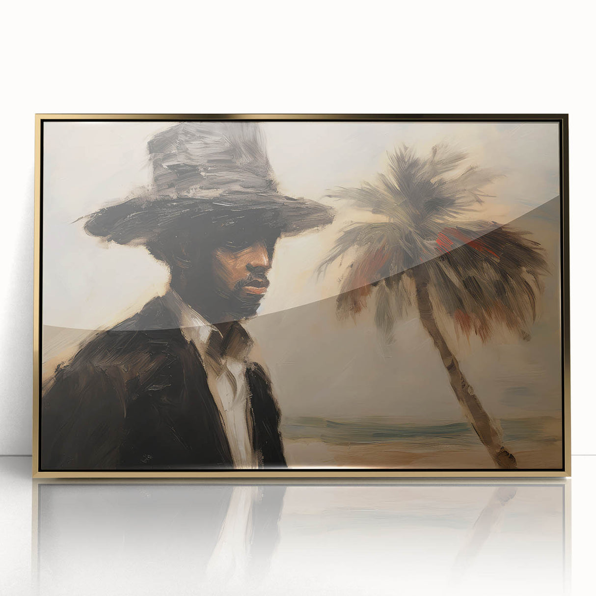 Vintage Portrait Art | Man by Palm Tree in Coastal Setting